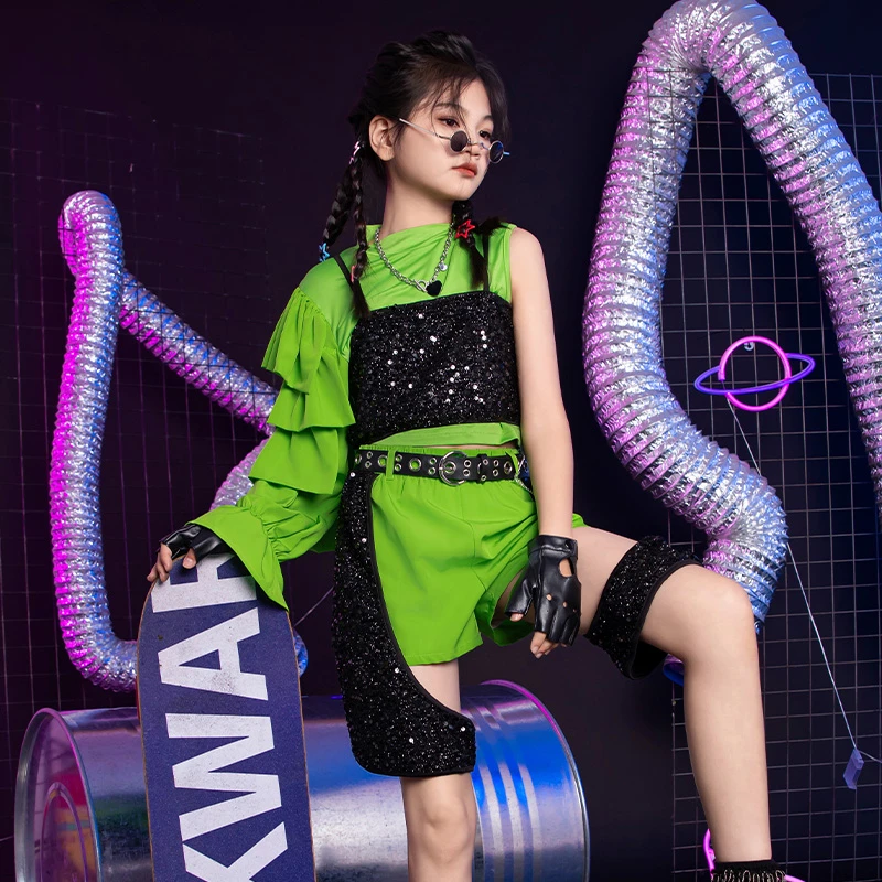雉子灵儿童潮酷演出服女童爵士舞套装女孩jazz舞蹈少儿走秀服装夏