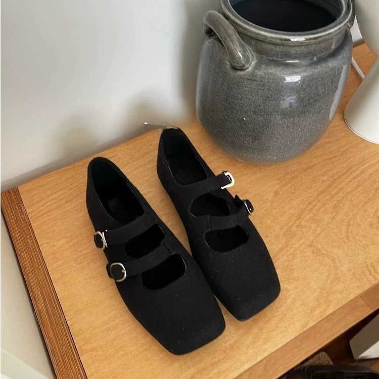 秋冬双搭扣毛呢玛丽珍鞋女复古平底方头浅口加绒单鞋195-8303