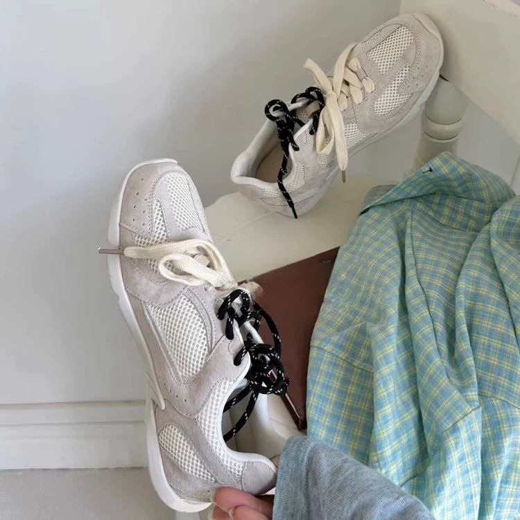 双色鞋带太好看了~真皮透气网纱舒适平底休闲运动慢跑鞋薄款5816