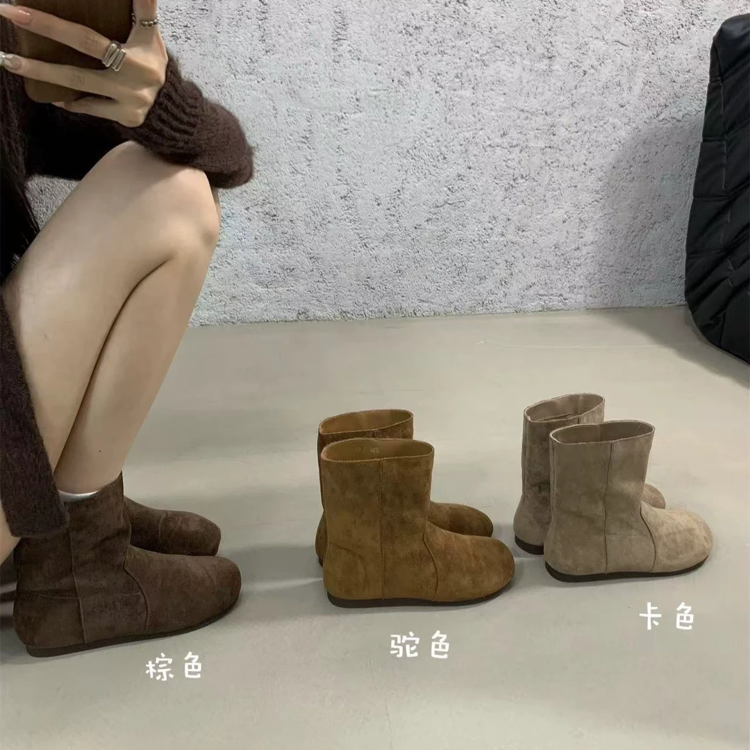 松果博肯靴~雅丹风圆头宽筒显瘦慵懒风勃肯短靴平底马丁靴7089