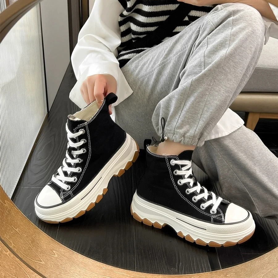 明星同款女鞋松糕厚底高帮鞋女板鞋网红休闲鞋增高系带真皮板002