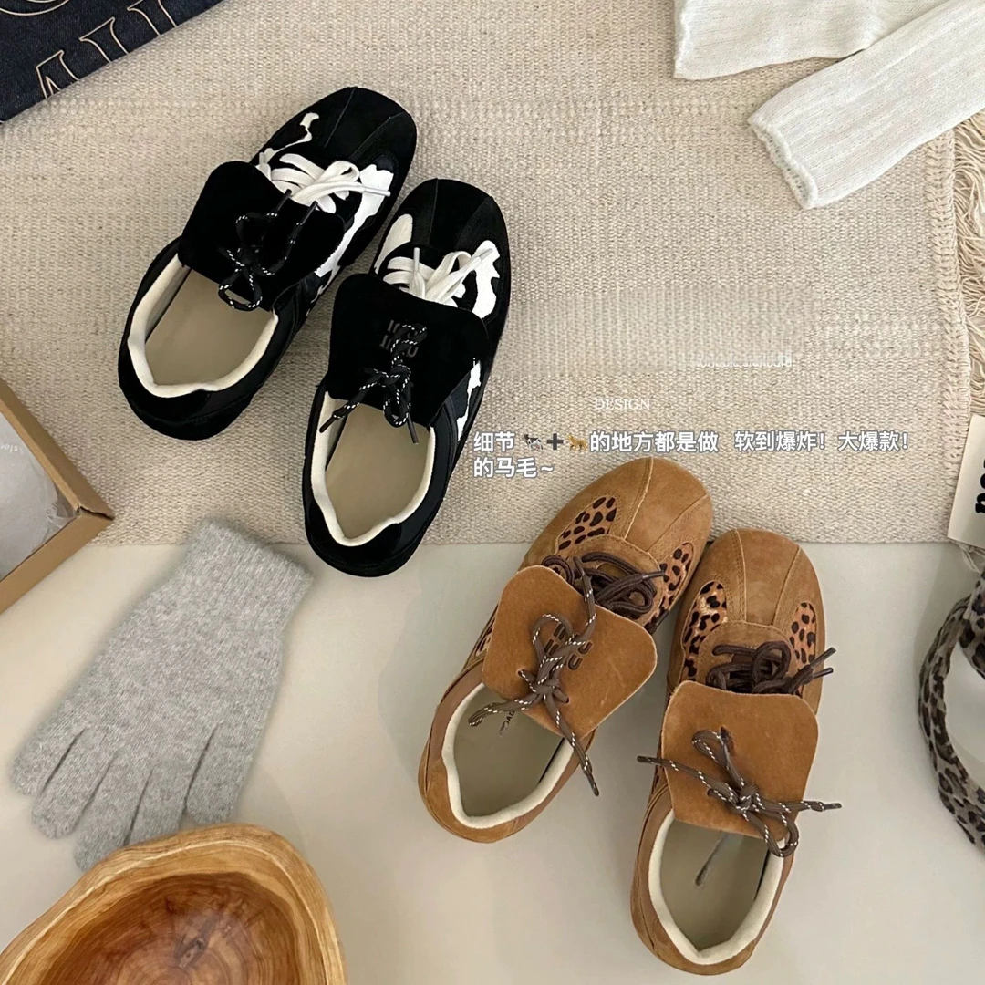 美高学妹~复古豹纹马毛休闲运动翻盖德训鞋女板鞋0500