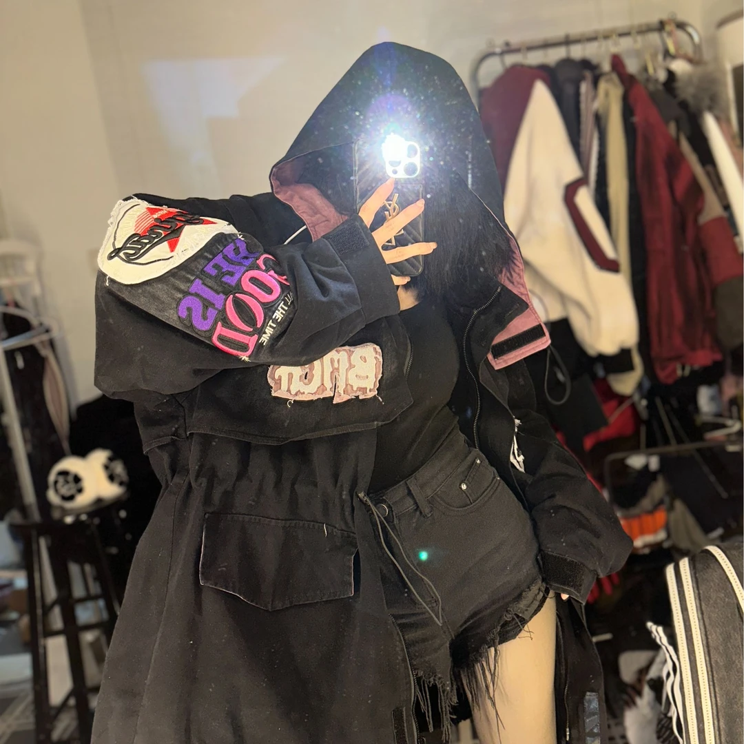 奇奇家 加厚保暖长毛绒 做旧牛仔布加厚连帽风衣大外套