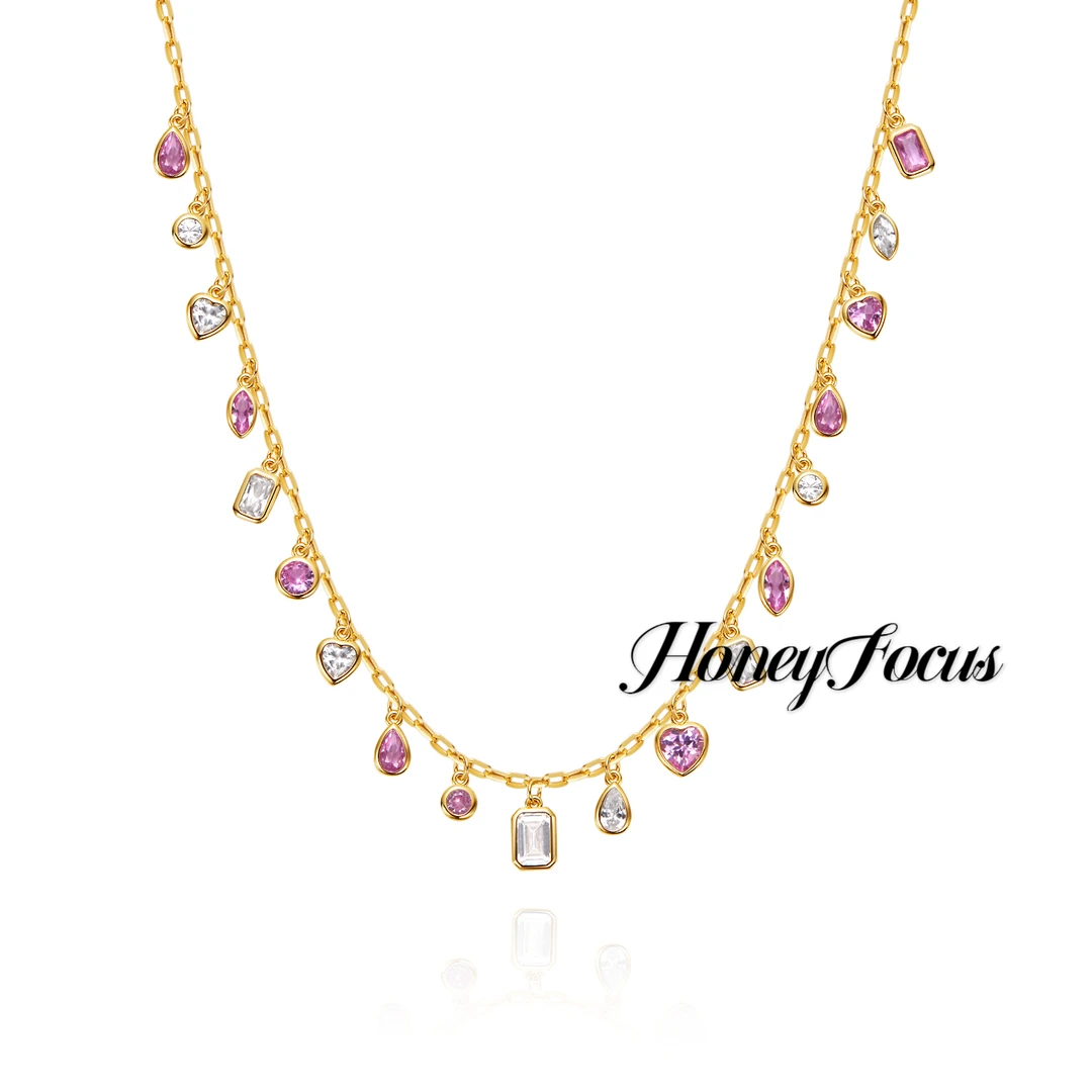 链子925银合成锆石 流苏水滴项链 彩色轻奢小众女士项链 #8767