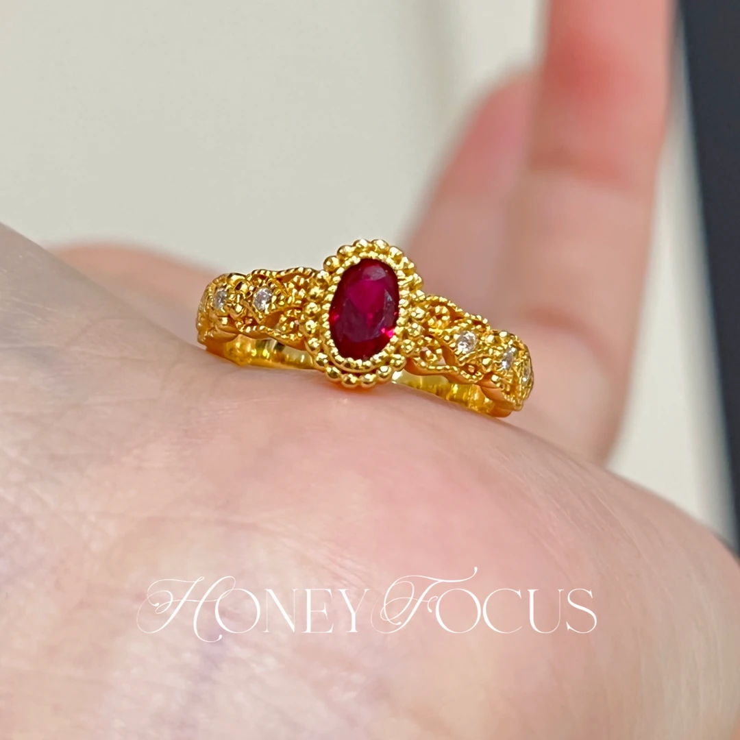 925银合成锆石戒指 红皇后戒指 金色轻奢秋冬新款复古戒指 #8977