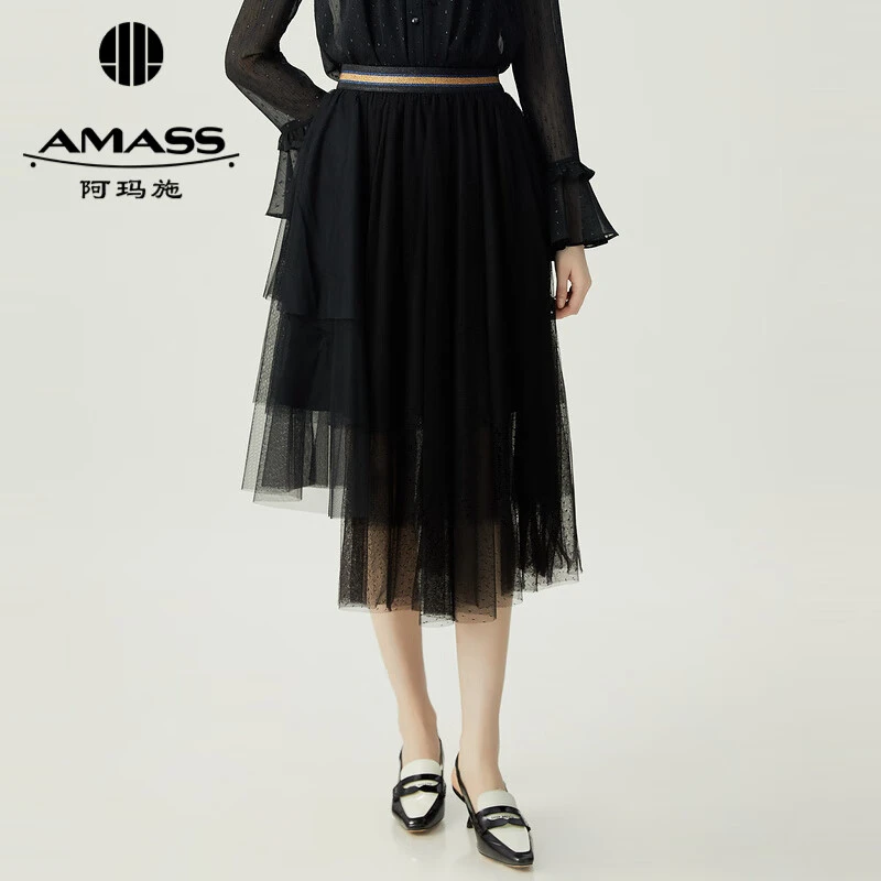 AMASS/阿玛施新款女装优雅气质高腰松紧不规则半身纱裙5200135