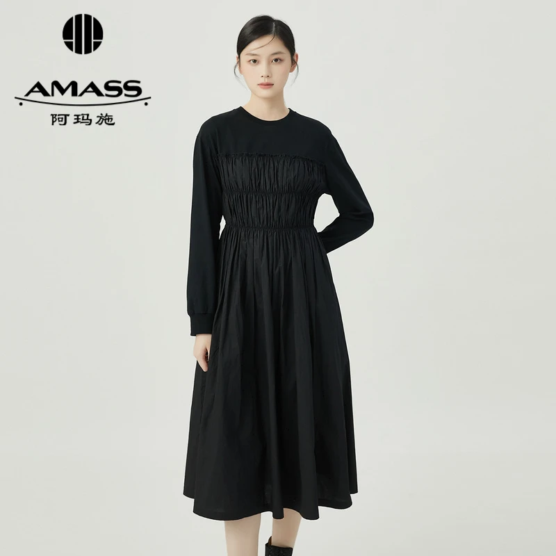 AMASS/阿玛施新款圆领暗黑风前压褶长袖纯色女装连衣裙5500500