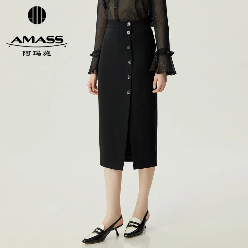 AMASS/阿玛施春夏高腰气质百搭黑色通勤中长款显瘦半身裙5200482