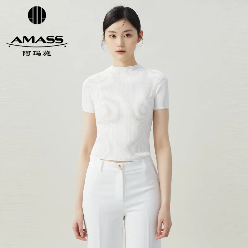 AMASS/阿玛施春夏百搭短款冰丝套头T恤修身显瘦气质打底5399601