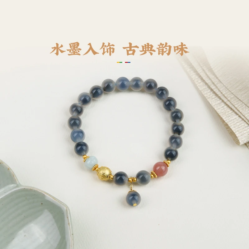 【布达拉宫】蓝色玛瑙手串单圈珠宝翡翠925银配饰百搭清新简约女款