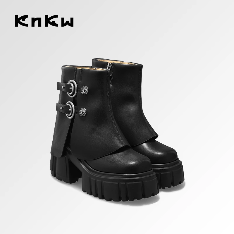 KNKW厚底裤管靴2024时尚女士秋冬雅丹风粗跟英伦马丁靴W4108H020