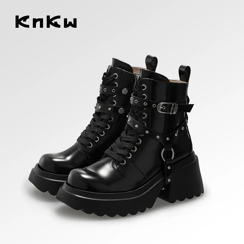 KNKW时尚黑色厚底短靴2025年英伦风百搭时装厚底马丁靴W3713H057