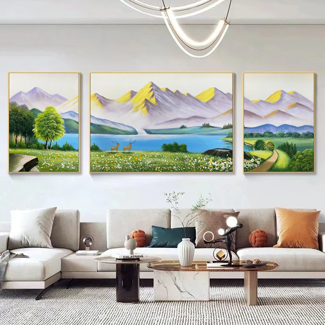 SF 240-1 高山流水纯手绘油画装饰画客厅三联画沙发背景油画