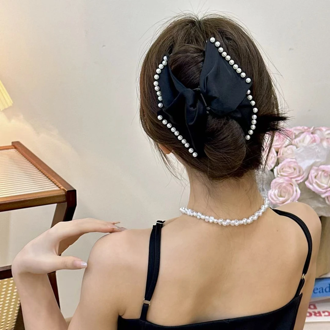 法式复古钉珠蝴蝶结三角夹缎面发夹气质温柔后脑勺丸子头鲨鱼夹