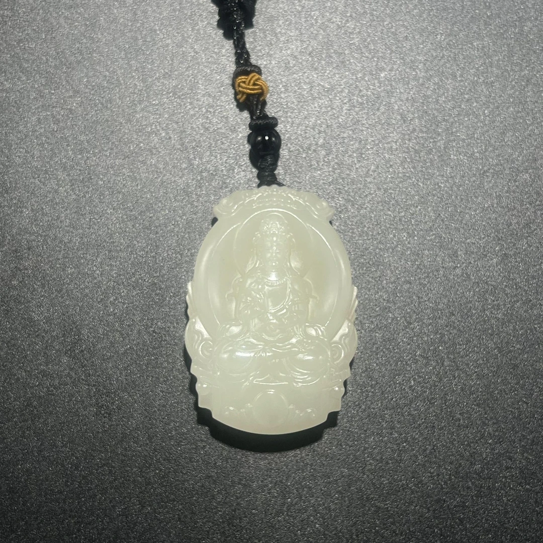 和田玉青水观音男款手工白色时尚双面雕刻精美精雕 00025