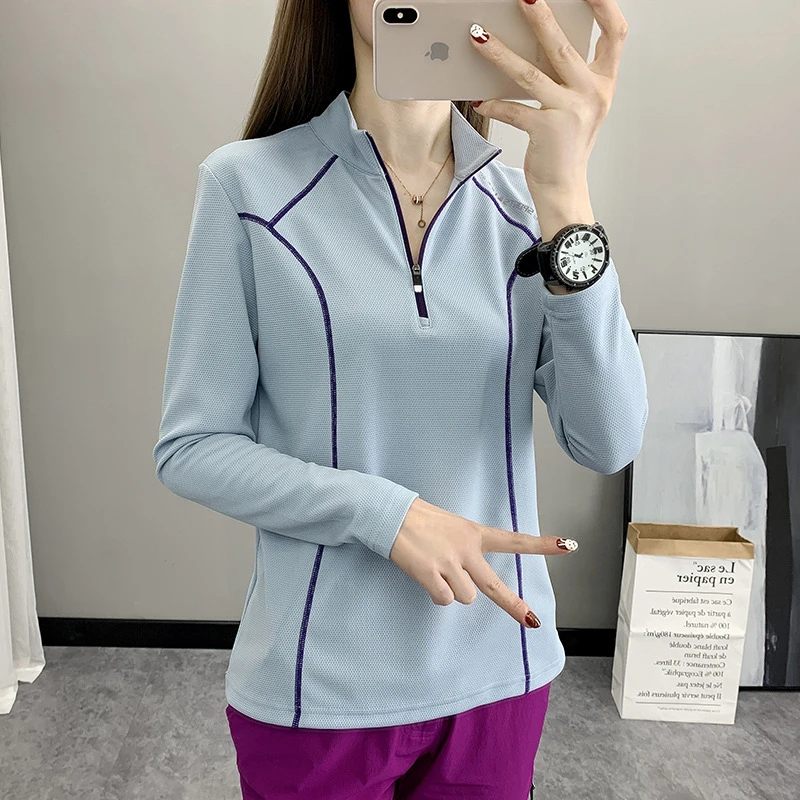 春秋速干衣女轻薄弹力户外登山快干衣立领透气速干运动衫长袖T恤