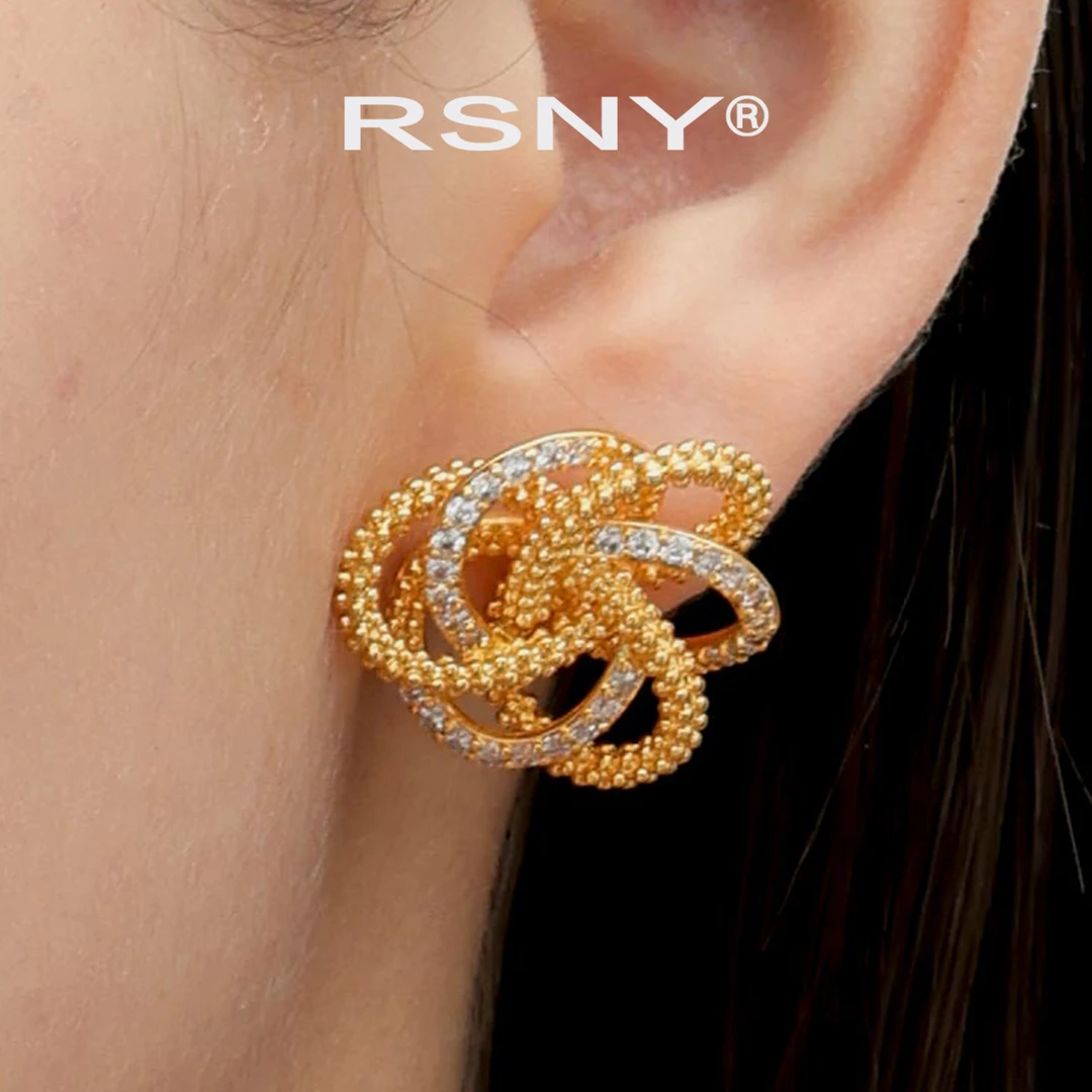 铜合金合成锆石耳饰 [新品]RSNY绽放造型耳钉女轻奢设计2025新款