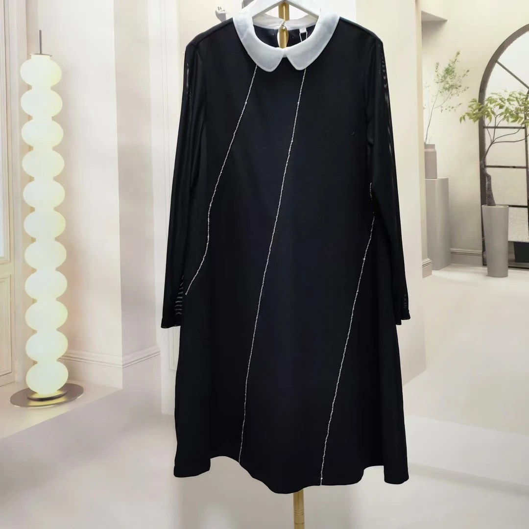 A 031 黑色拼接连衣裙女秋季新款气质显瘦长袖时尚百搭简约中长裙