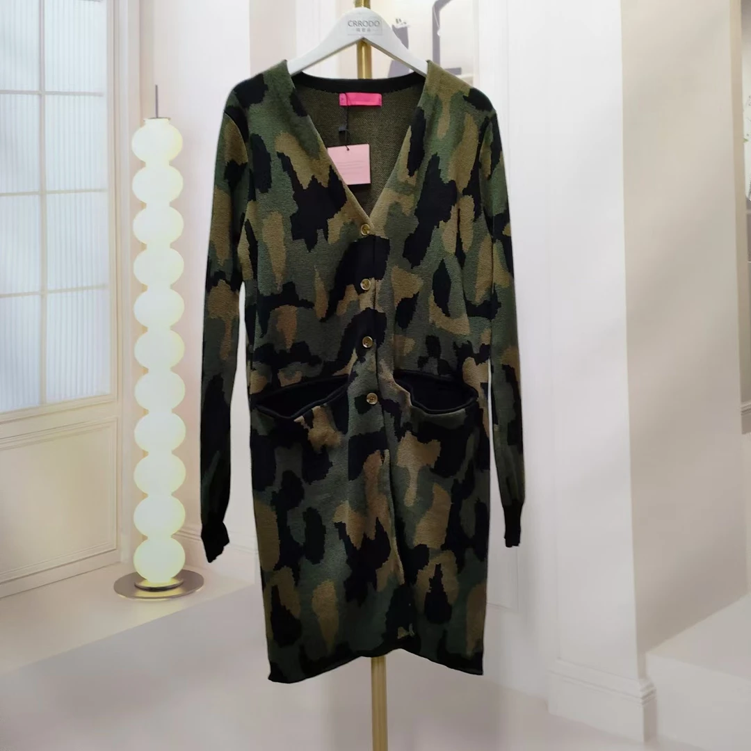 1533 时尚气质针织衫中长款迷彩秋冬潮流百搭绿色设计师休闲长袖
