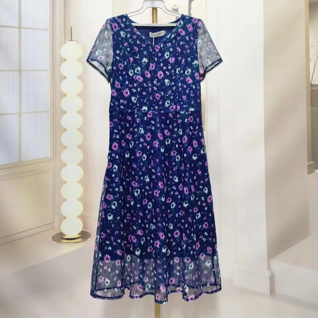C 8808 时尚显瘦女装连衣裙蓝色印花夏季休闲妈妈装碎花蕾丝裙