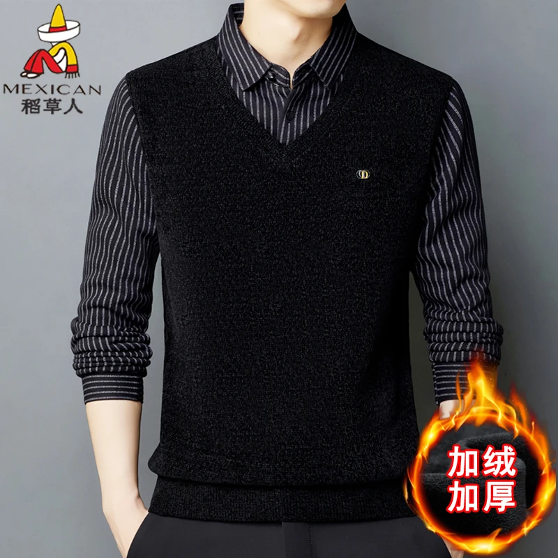 Mexican/稻草人冬季加绒加厚假两件上衣针织保暖翻领上衣