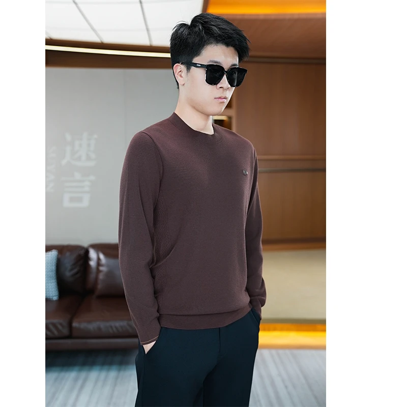 男装冬季新款毛衣红棕色方形标圆领秋冬保暖百搭 901