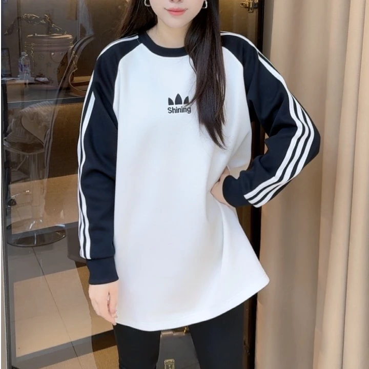 圆领套头撞色插肩袖三条杠卫衣女2024秋季新款休闲风宽松显瘦上衣