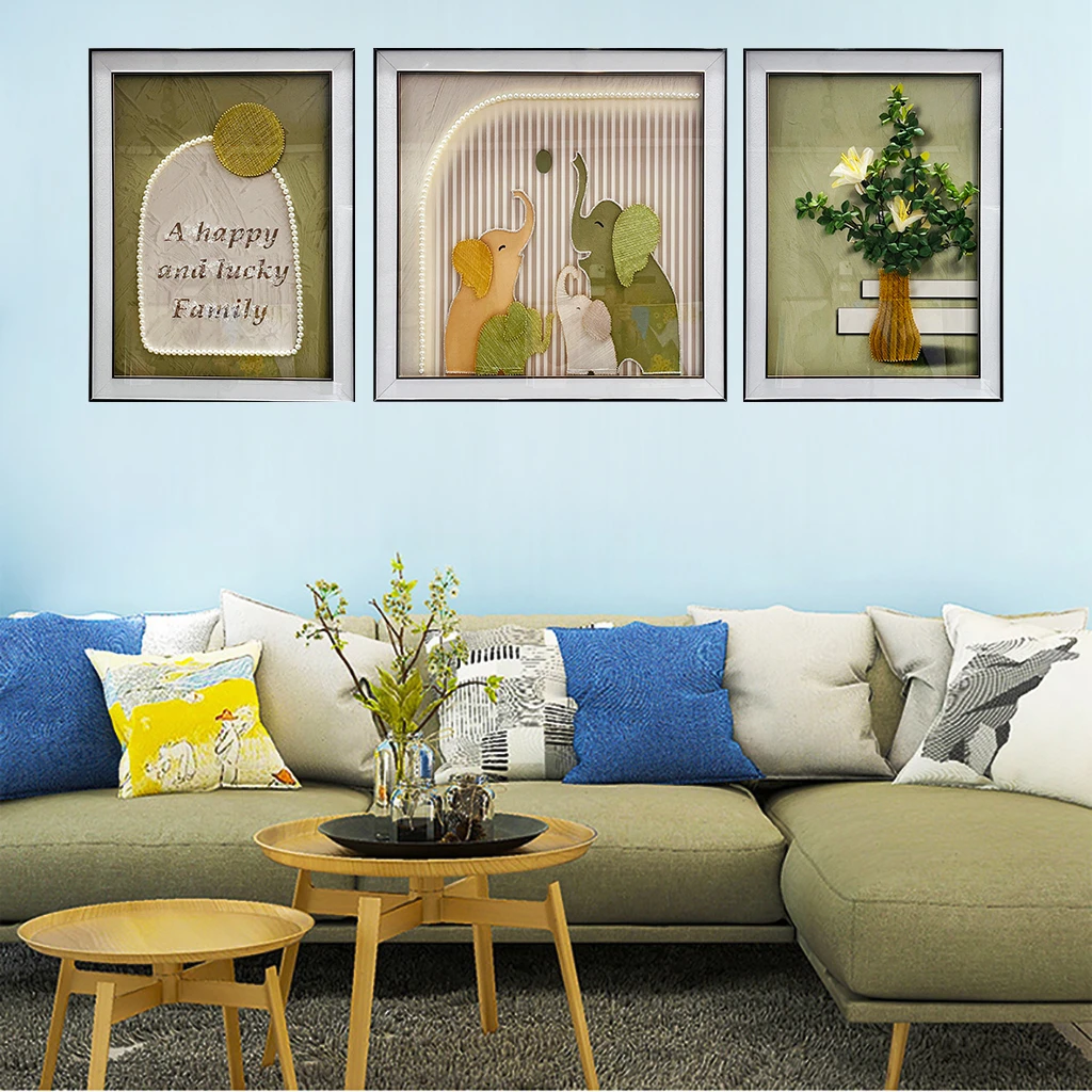平安吉象如意客厅装饰画大象绿植沙发背景墙壁画奶油高级感三联画