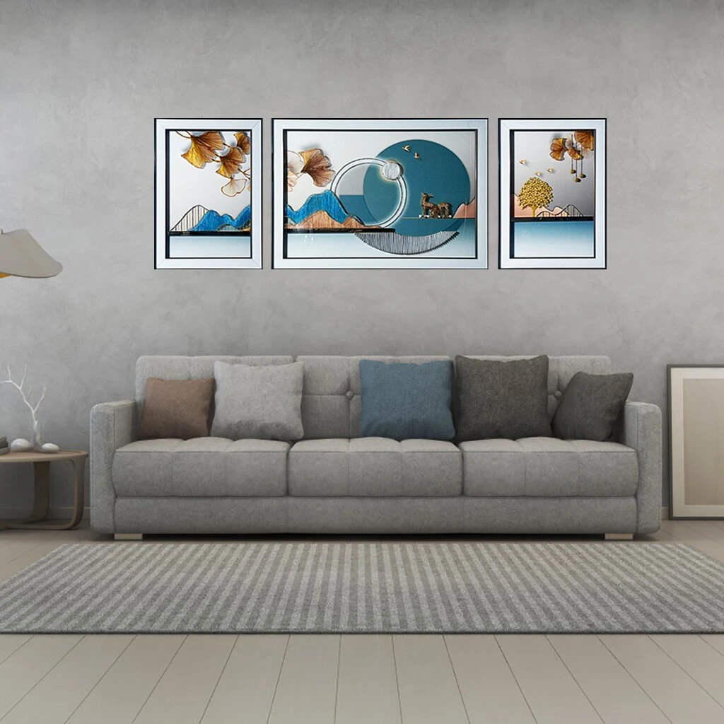 客沙发背景墙挂画现代简约抽象北欧轻奢壁画三联套纯手工实物画