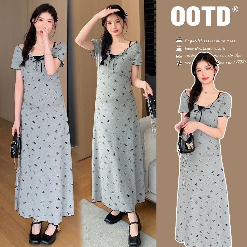 乌乌七2024新款孕妈夏季假两件收腰显瘦碎花连衣裙赫本风法式长裙