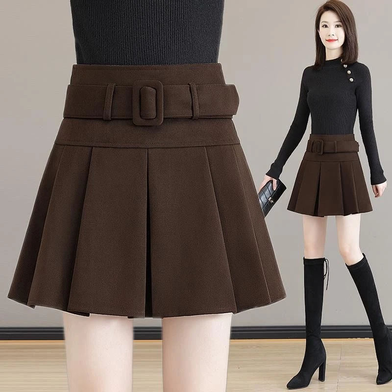 2025秋冬新款毛呢百褶裙女高腰显瘦半身a字裙防走光短裙蓬蓬伞裙