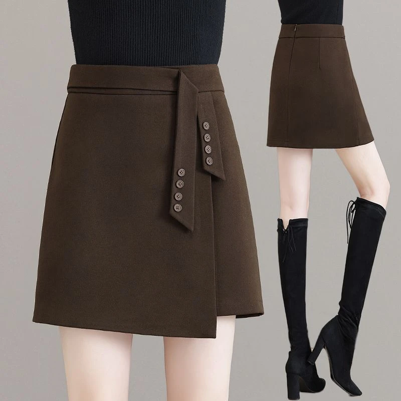 不规则毛呢半身裙女春秋冬季2025新款高腰a字短裙显瘦开叉包臀裙