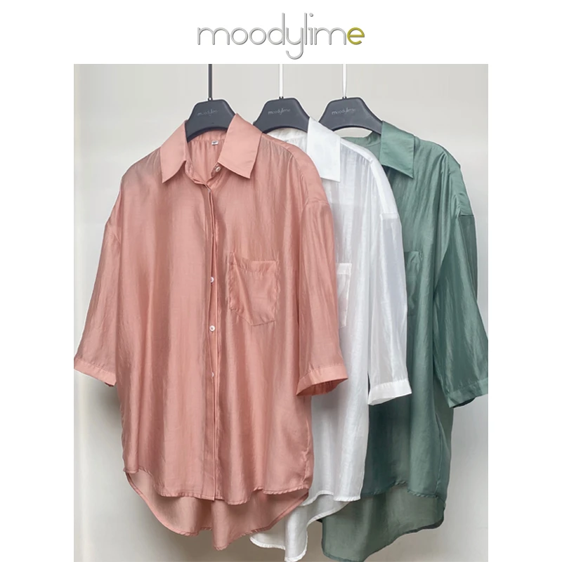 moodylime翻领通勤气质衬衣前短后长薄款防晒衫宽松休闲衬衫