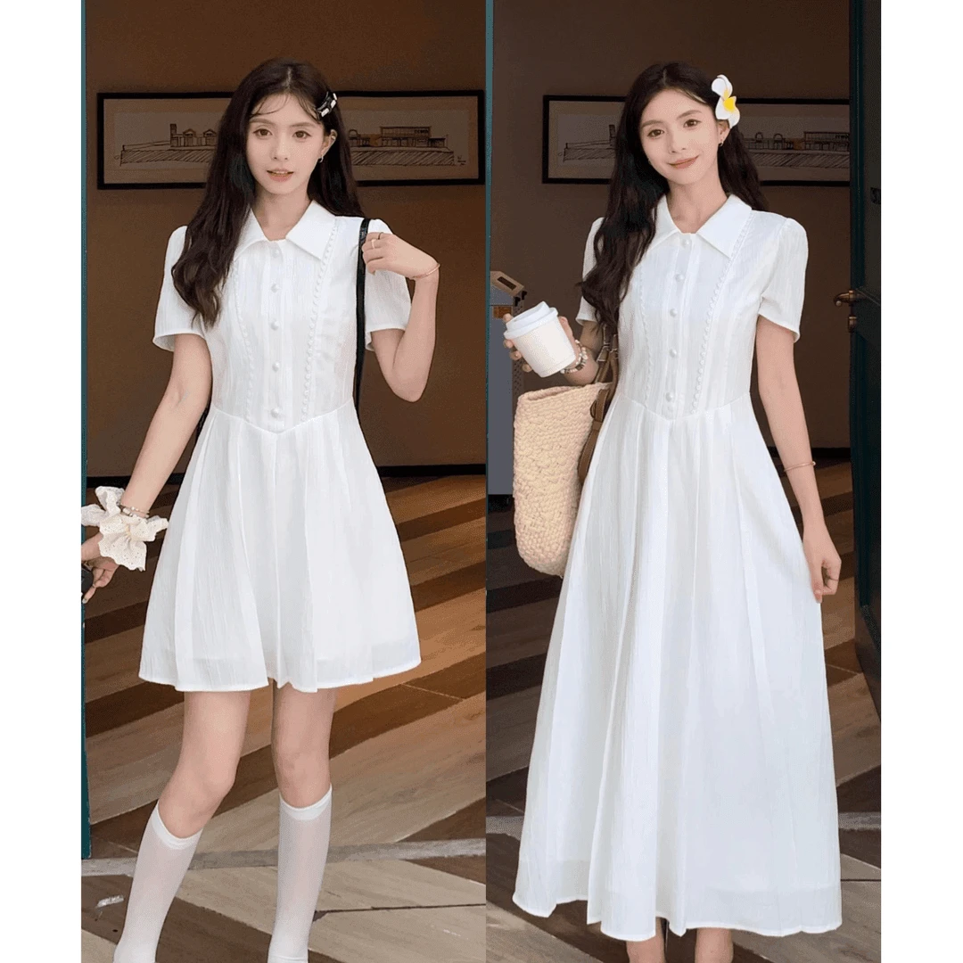 【现货】大码连衣裙学院风白色泡泡袖衬衫裙收腰高级感甜美9274