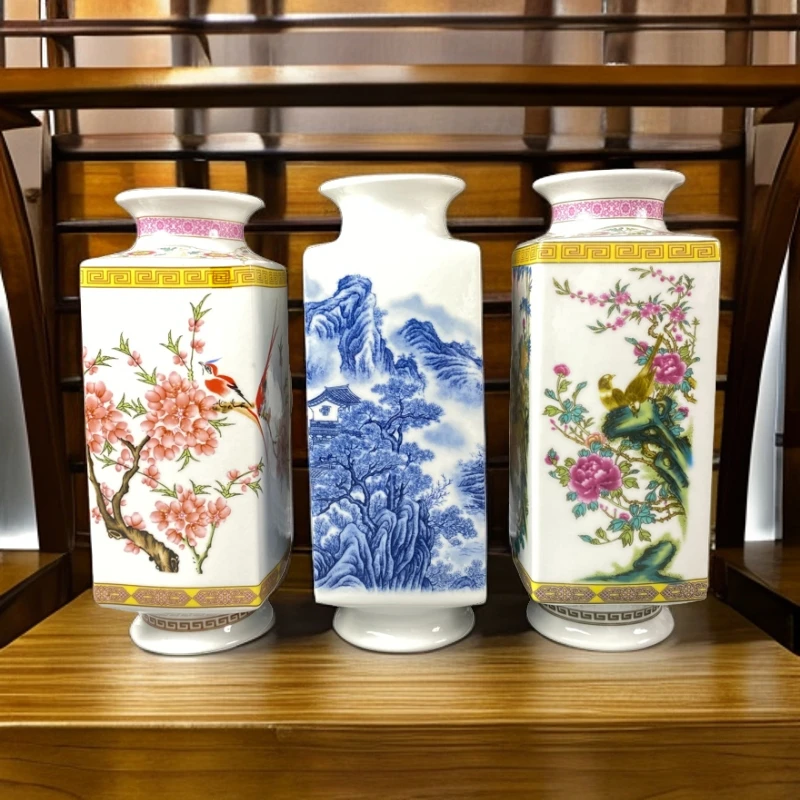 景德镇陶瓷四方花瓶插花纯手工艺居家摆设花瓶粉彩青花款式家居