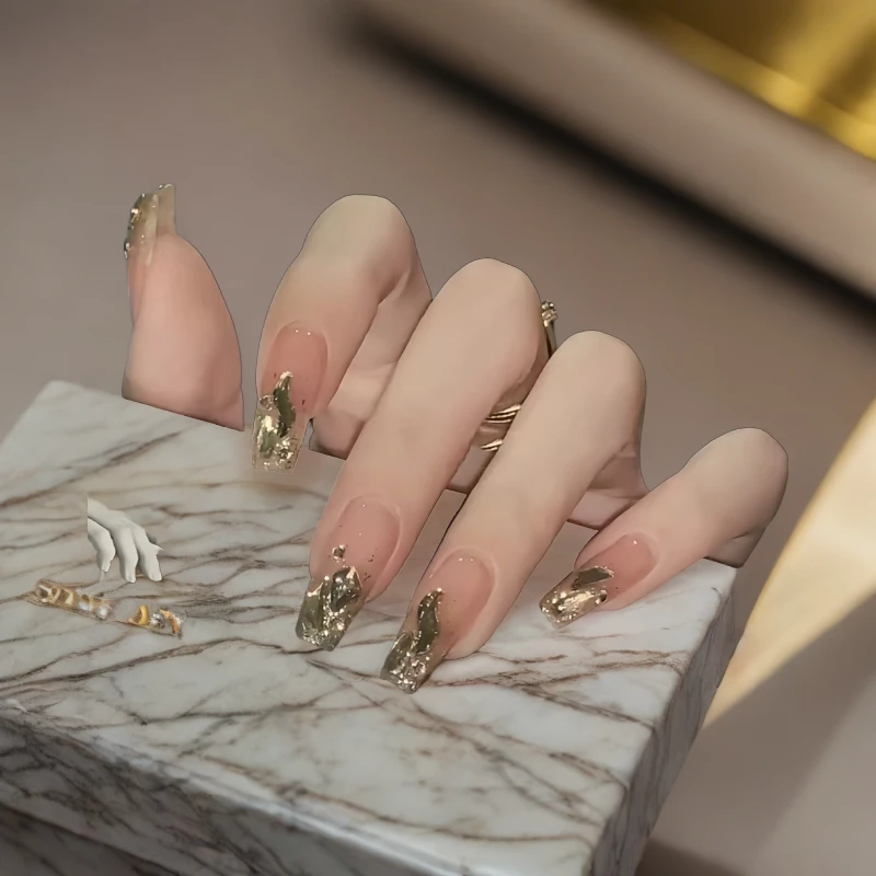 「璀璨香槟」极光爆闪香槟钻渐变手工穿戴甲光疗美甲贴片气质千金风