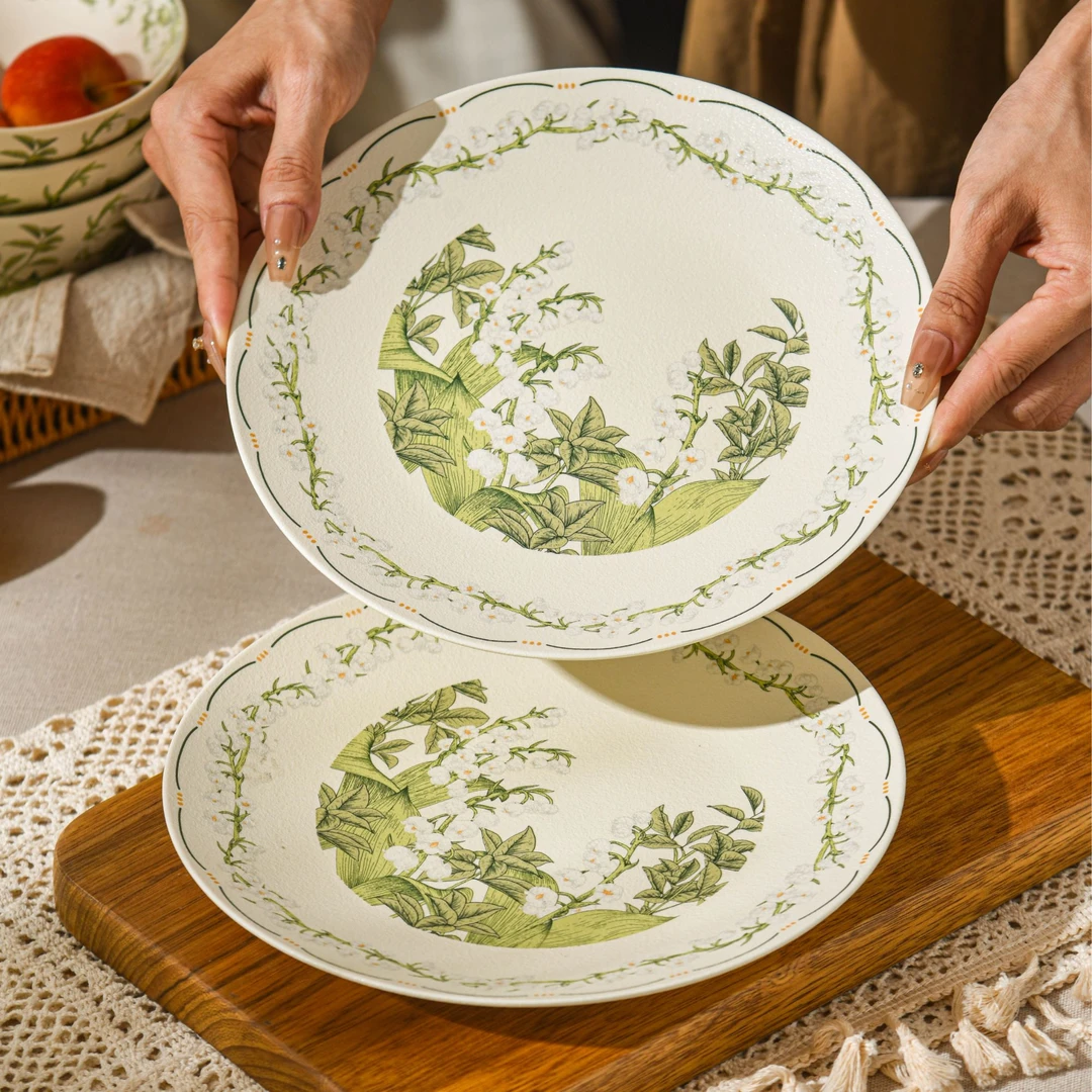 《华典》幸福铃兰—8.5英寸浅盘珠光磨砂釉面陶瓷家用早餐盘2只装x