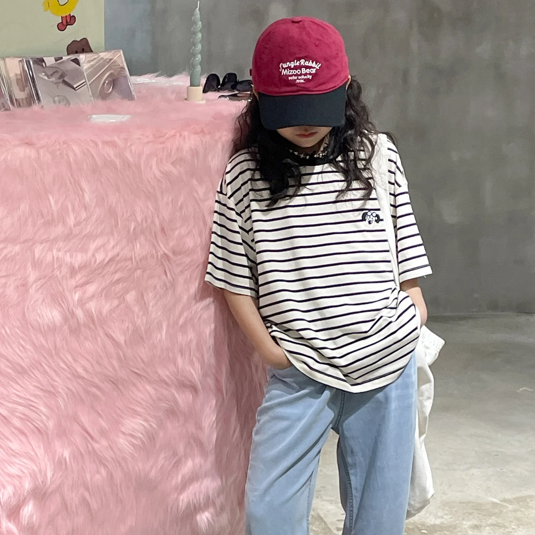 小黑【KUKU】夏装男女童刺绣黑白条纹T恤宽松休闲