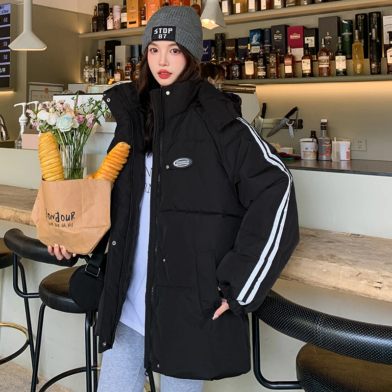 黑色韩版棉服宽松冬季2024新款面包情侣棉袄连帽棉衣加厚外套