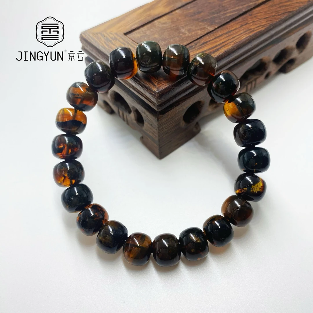 星际蓝海藻老型手串 缅甸琥珀无烤色无优化