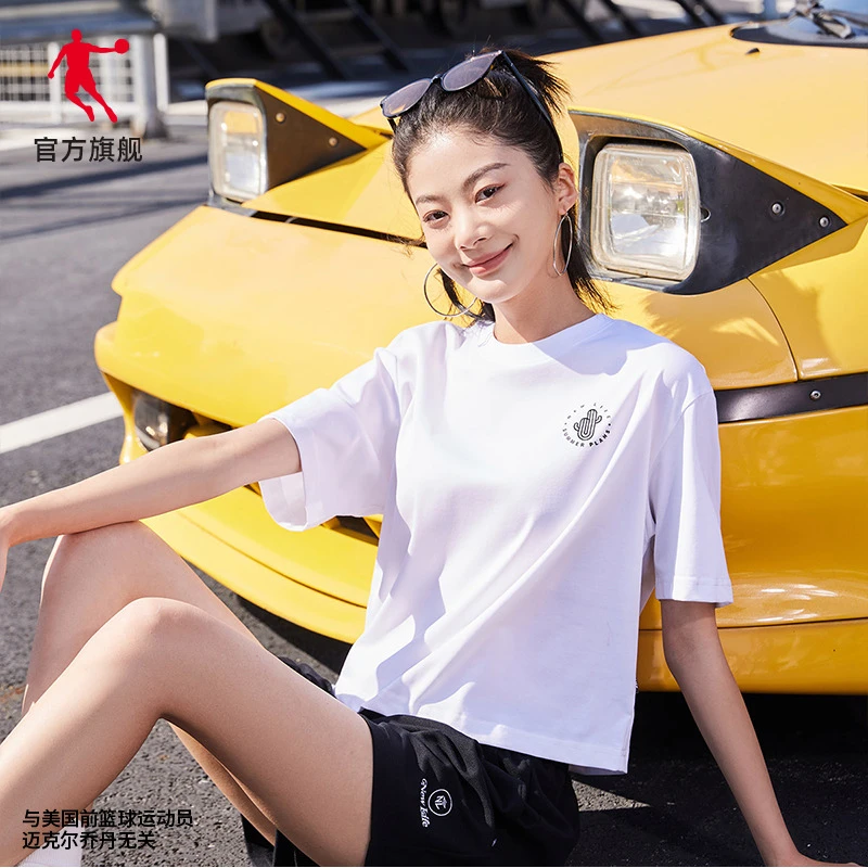 中国乔丹短袖女2024夏季新款透气宽松休闲吸汗短款女上衣t恤图案