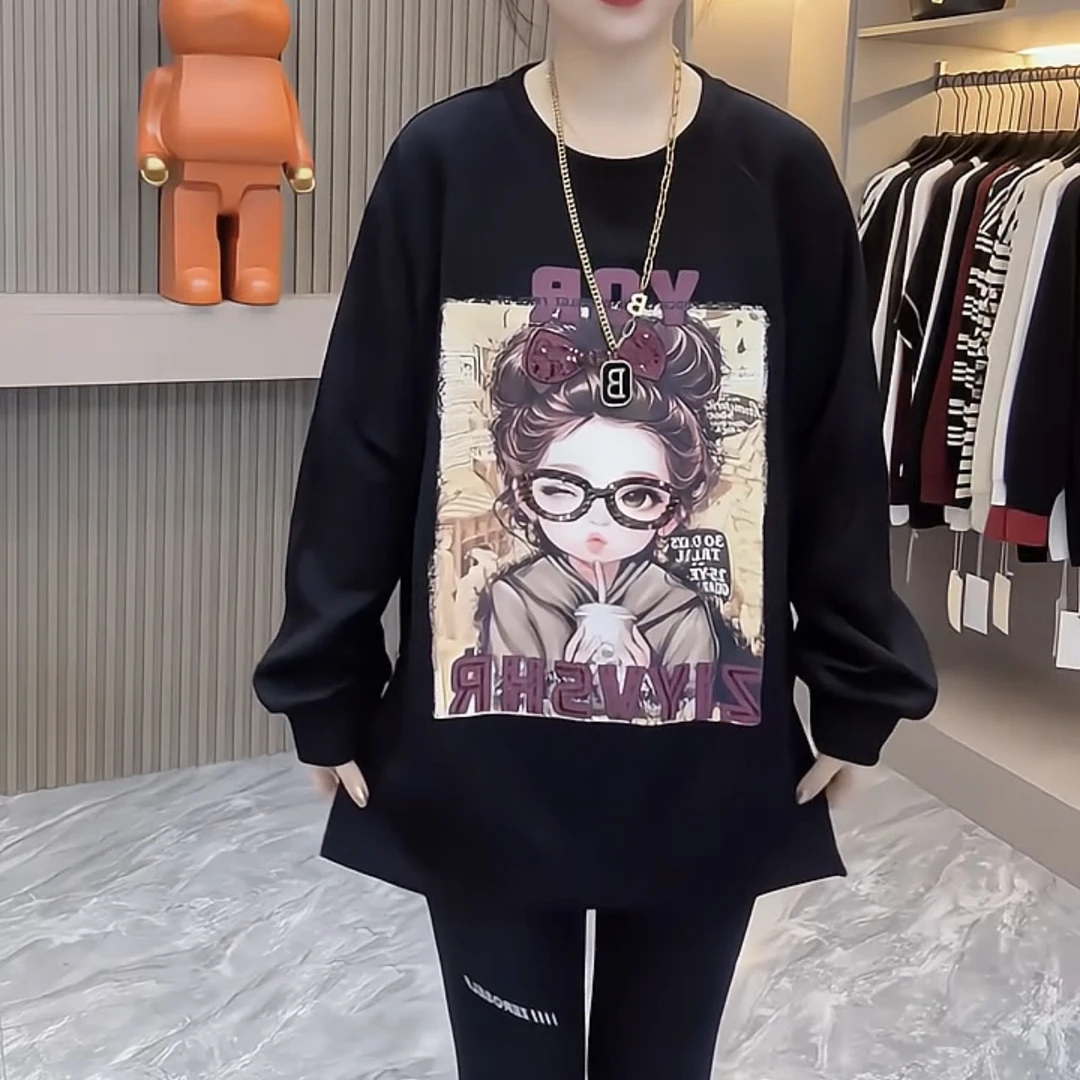 新款秋冬时尚宽松中长款大版卡通印花字母长袖圆领T恤加绒加厚