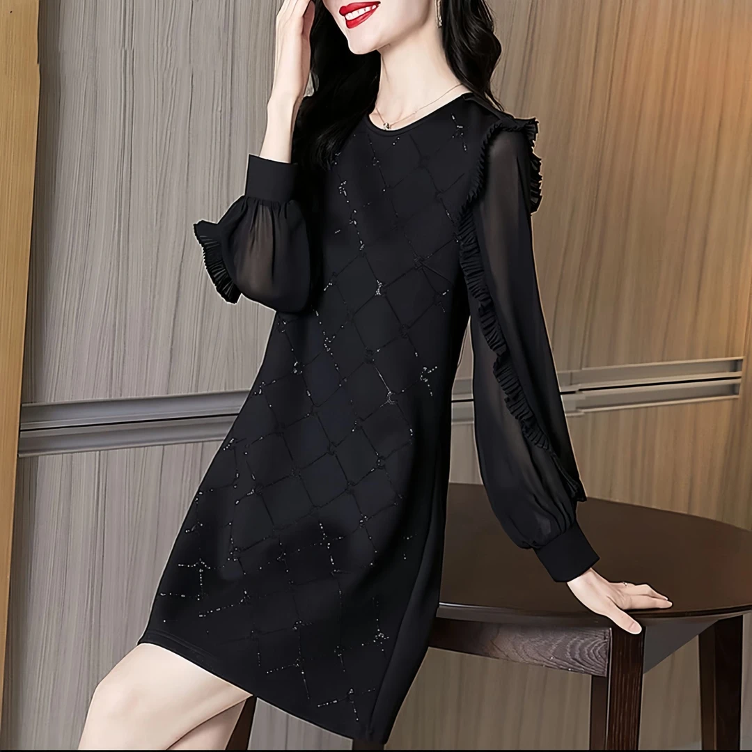 新款荷叶洋气长袖满天星连衣裙气质时尚小黑裙拍下发货