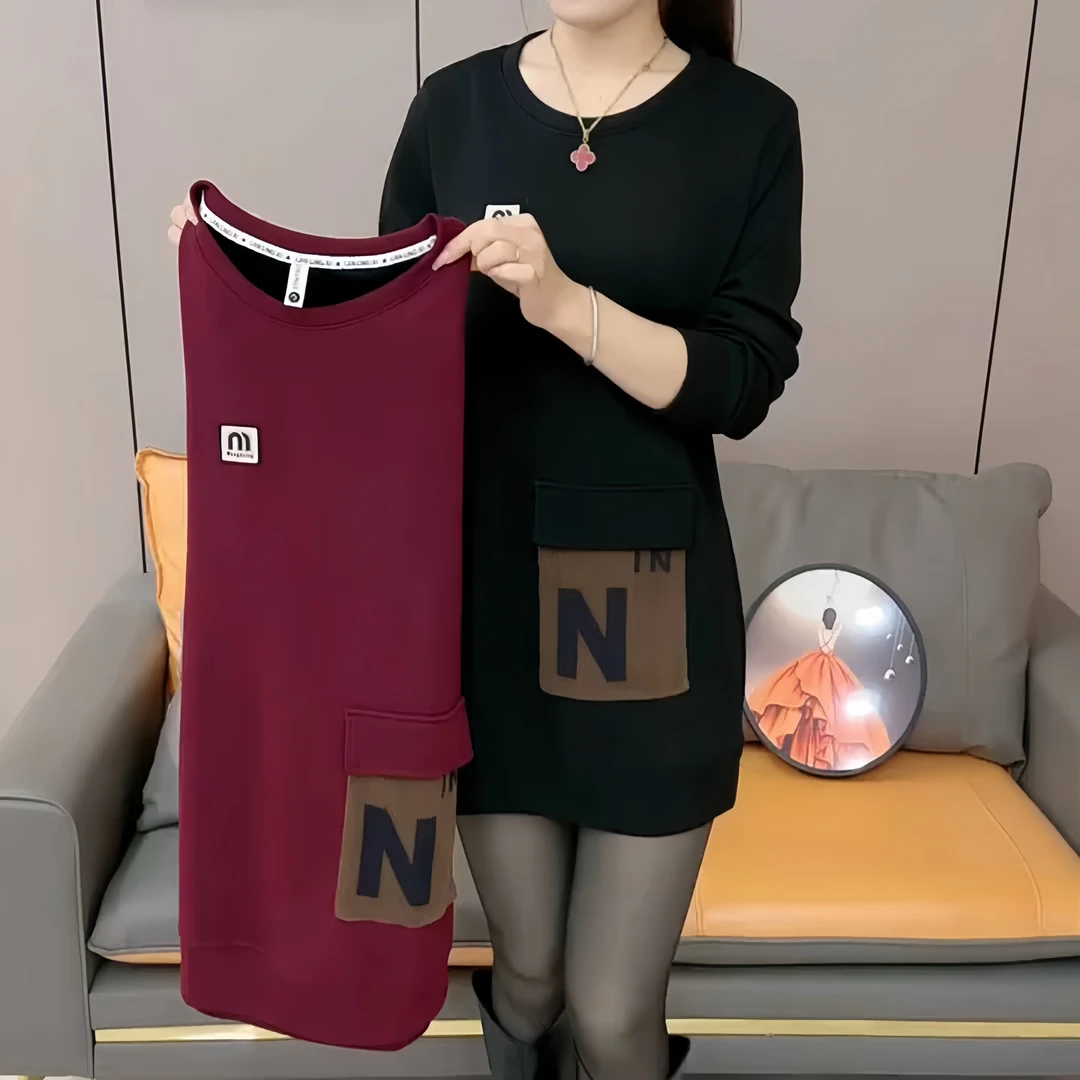 新款加绒加厚圆领长袖宽松显瘦中长款遮屁股时尚字母套头卫衣女