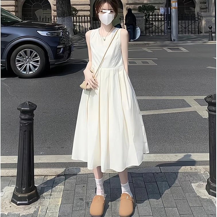 小个子白色无袖连衣裙女2024春夏新款高级感日系背心高腰气质裙子