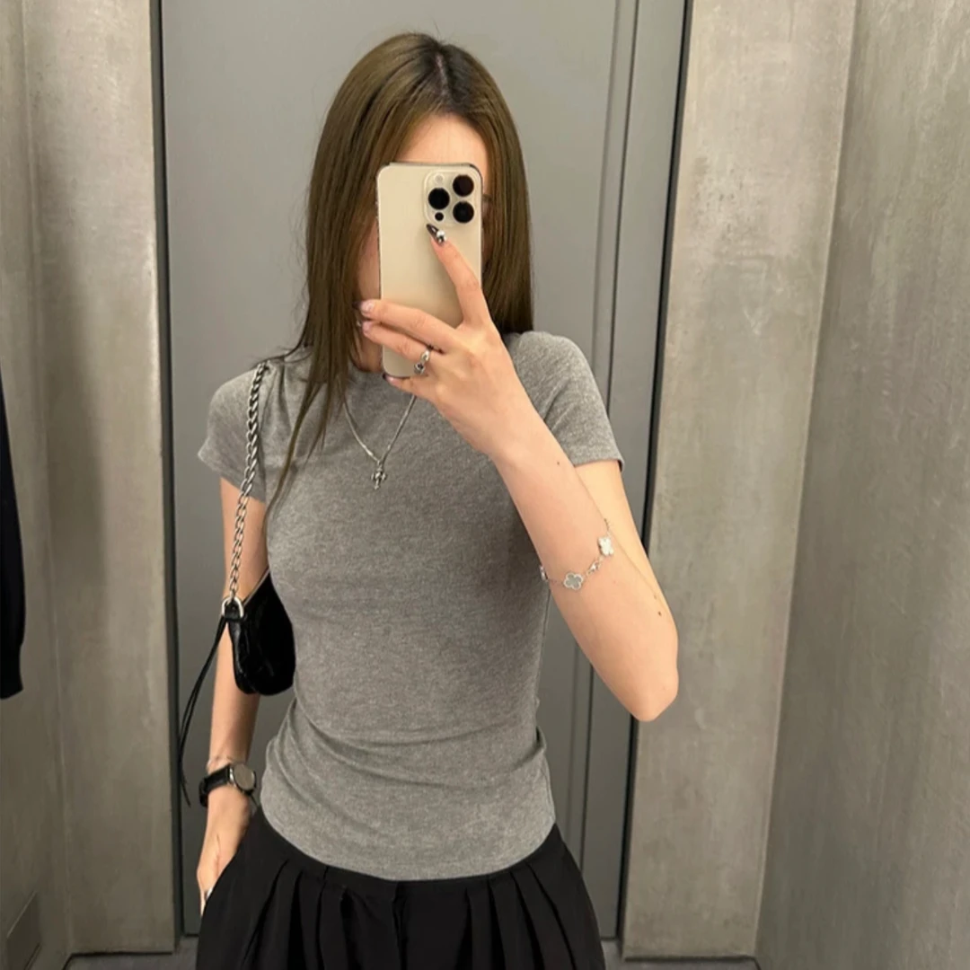 显身材弹力正肩修腰美式T恤女夏季辣妹收腰短袖纯色圆领上衣女