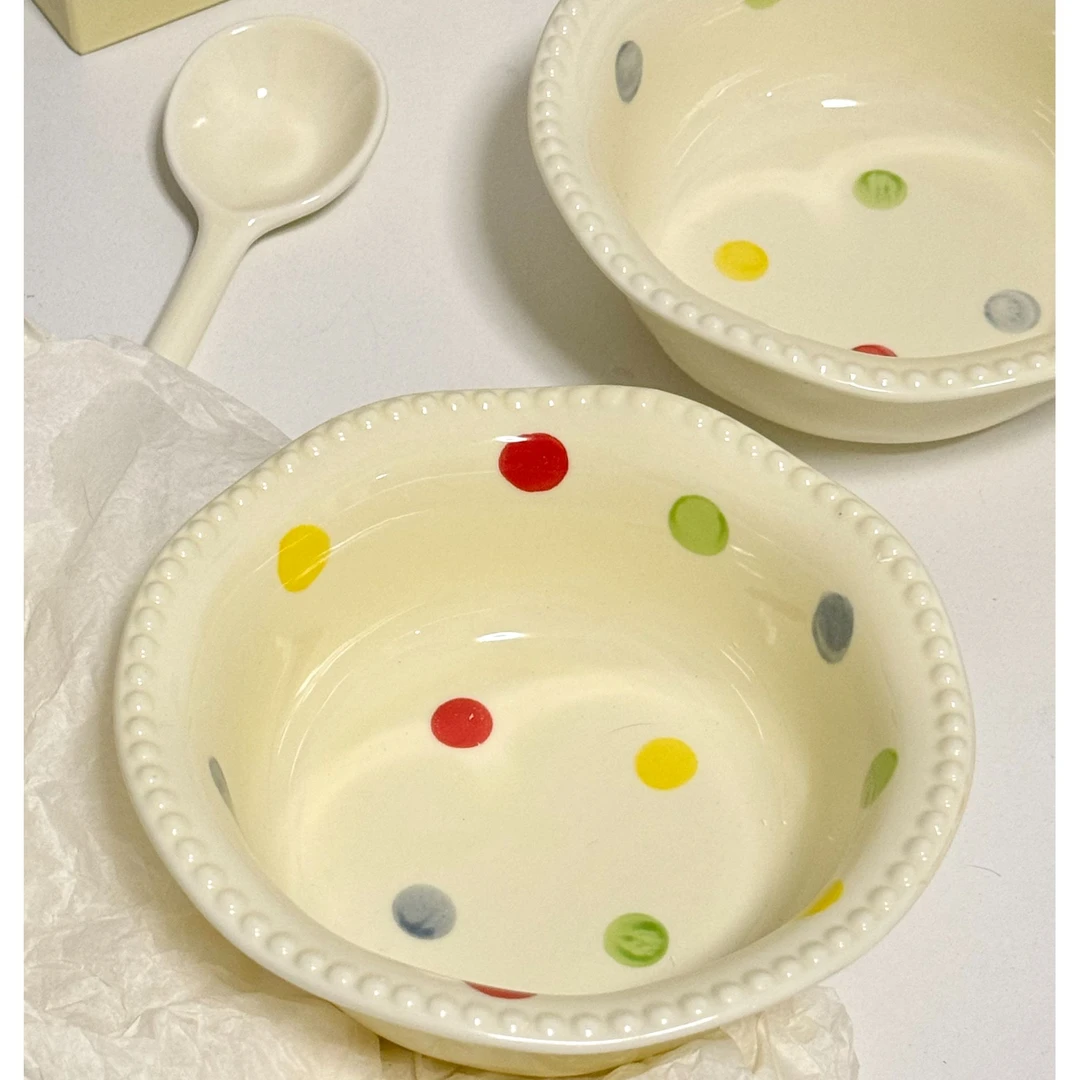 ins奶黄可爱彩色波点陶瓷甜品碗家用水果沙拉碗高颜值早餐燕麦碗