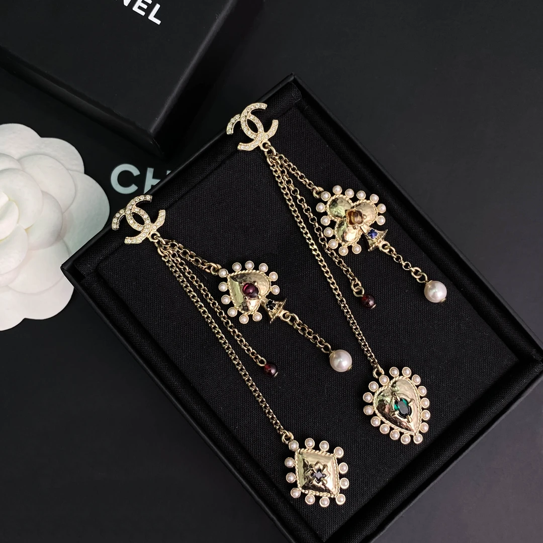 全新未使用 Chanel/香奈儿 经典双C 彩色宝石链条珍珠 耳环 S1753