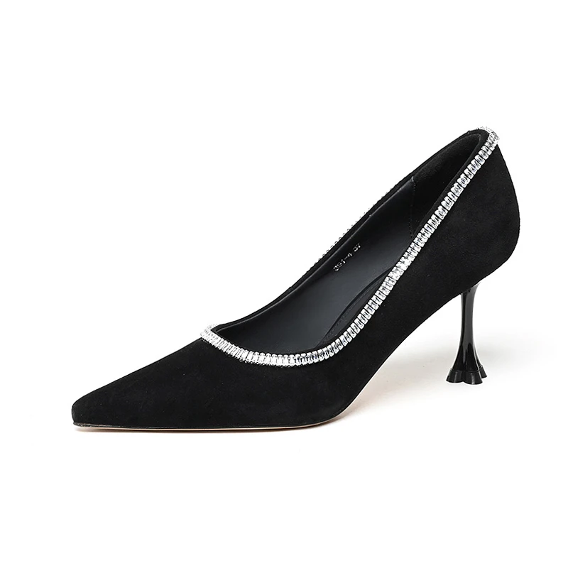 2025浅口高跟鞋气质时尚百搭性感女士黑色羊猄皮细跟尖头