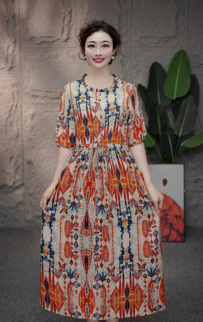 J-M-1888新品气质花边领时尚洋气休闲百搭女人中长款连衣裙